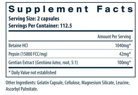 Vital Nutrients Betaine HCl with Pepsin and Gentian Root Extract, 225 caps